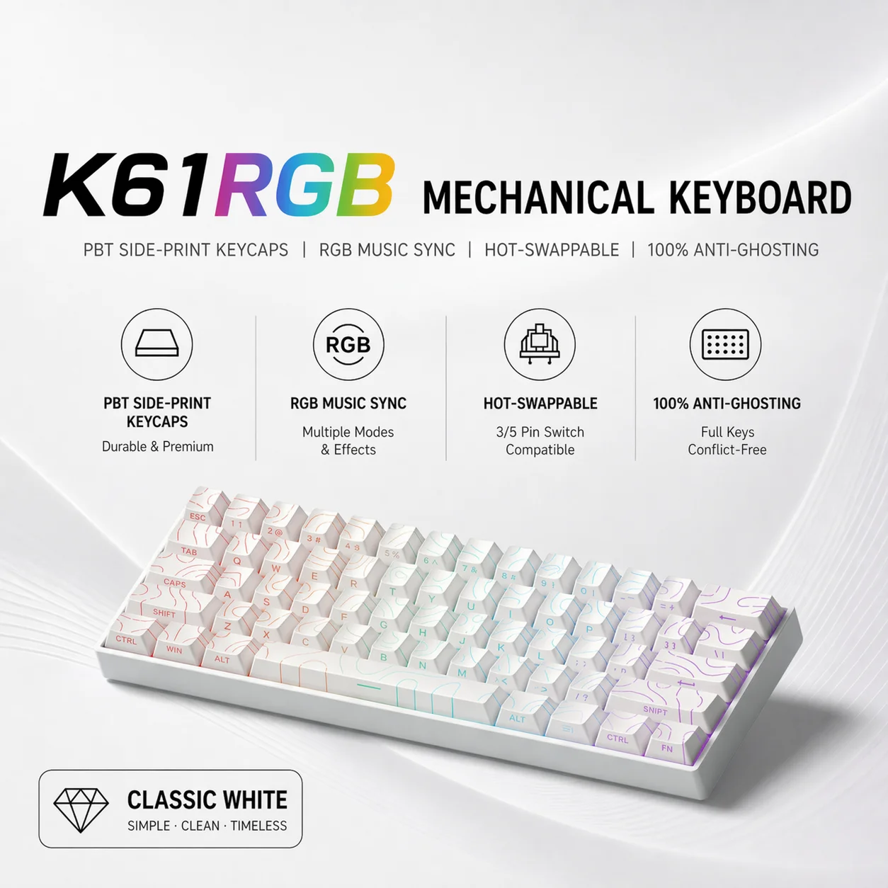K61 61키 미니 기계식 게이밍 키보드 USB 유선 핫스왑 가능 컴팩트 키보드(분리형 케이블 포함) PC 노트북 게이머용