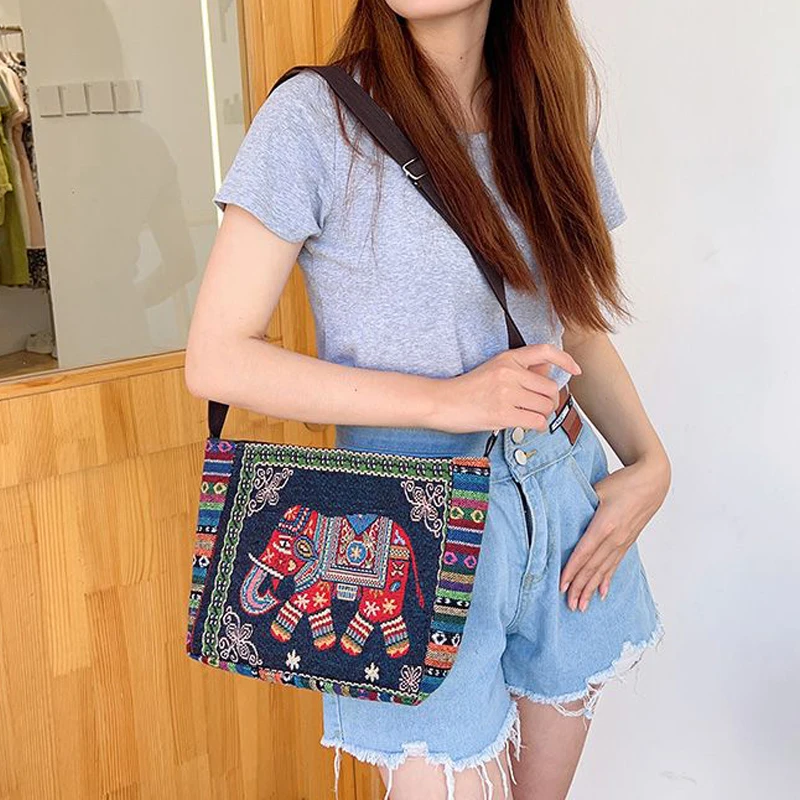 Ethnic Style Handbag Embroidery Elephant Canvas Women Shoulder Bags Grocery Storage Pouch Large Capacity Crossbody Bag