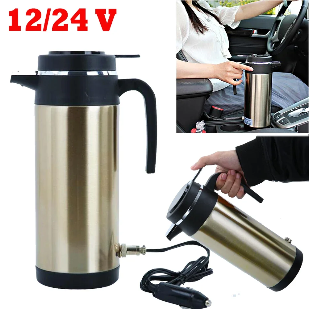 12V/24V Electric Heating Cup Kettle Stainless Steel Water Heater Bottle Auto Shut Off Fast Boiling Kettle Travel Car Truck Electric Kettle Car Heater Mug
