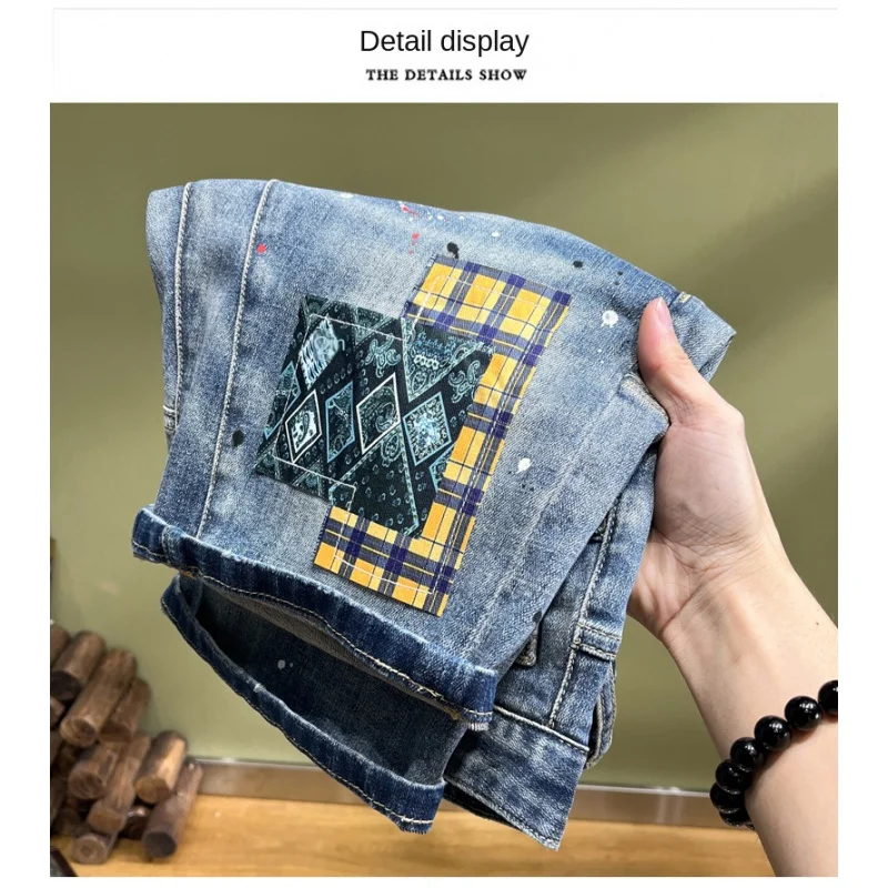 2024 new high street hole fashion men's denim shorts stretch Slim embroidery patches graffiti spray paint men's pants