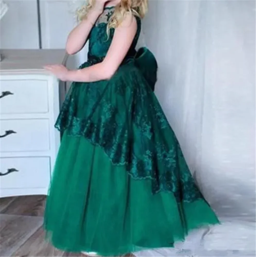 

Green Sleeveless Tulle Lace Decal Bow Flower Girl Dress Princess Ball First Communion Dresses Kids Surprise Birthday Present