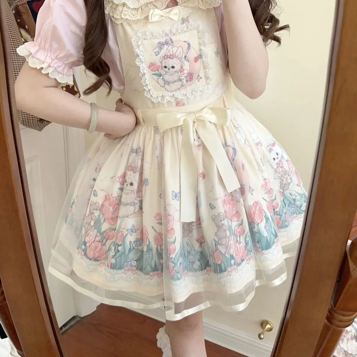 Japanese Sweet Lolita Jsk Dress Women Cute Fairytale Tulip Print Bow Strap Ruffle Dress Girls Kawaii Tea Party Mini Dresses