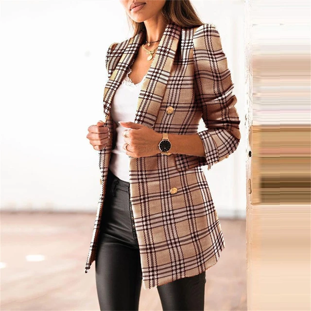 Blazer a cuadros para mujer, chaqueta de oficina para mujer, informal ajustado de manga larga con traje de doble botonadura, abrigo moda para mujer _ - AliExpress Mobile