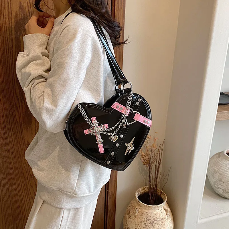 Bag Shoulder Y2k Dark Crossbody Love Shaped Lacquer Leather Handbags For Women Casual High-Quality Messenger Versatile Luxury