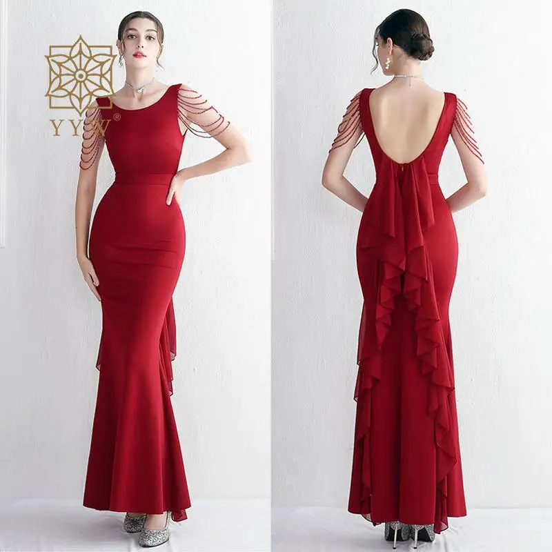 

Burgundy Ruffles Chiffon Formal Evening Club Dresses With Beading Mermaid Long Evening Dress Women'S Dresses For Ceremonies