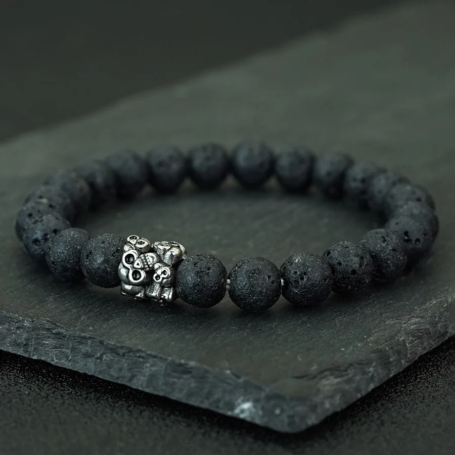 Noter Neues Gothic-Schädel-Armband für Männer, Edelstahl, Metall, 8 mm, Lava, Howlith, Obsidian, Strang, Armband, Sport-Handgelenk-Zubehör – Detail 9