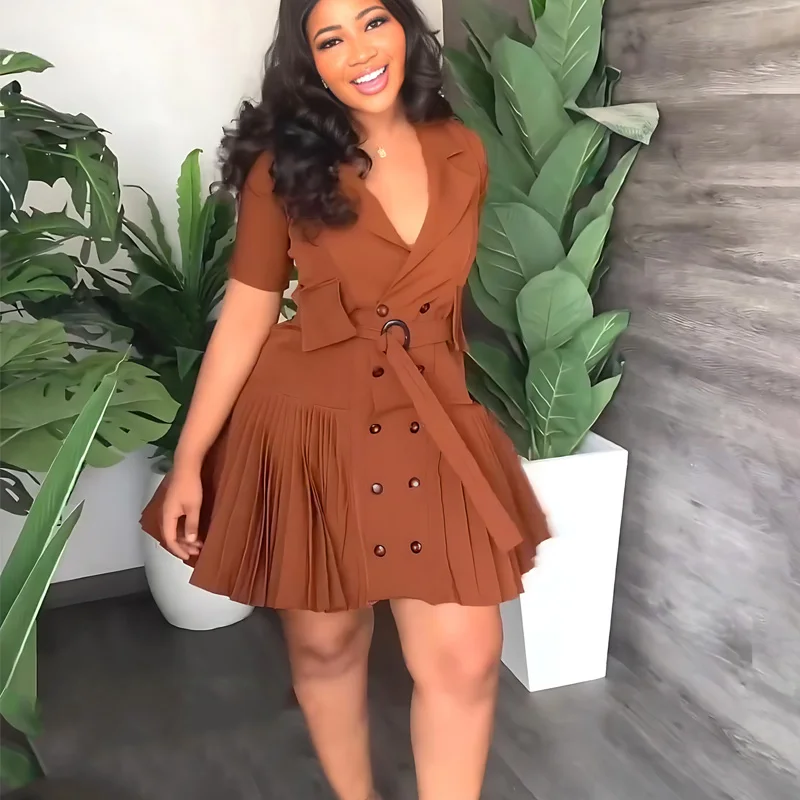 

Office Ladies Elegant Blazer Dresses High Street Casual Korea Fashion Short Sleeve High Wiast Pleated Dresses