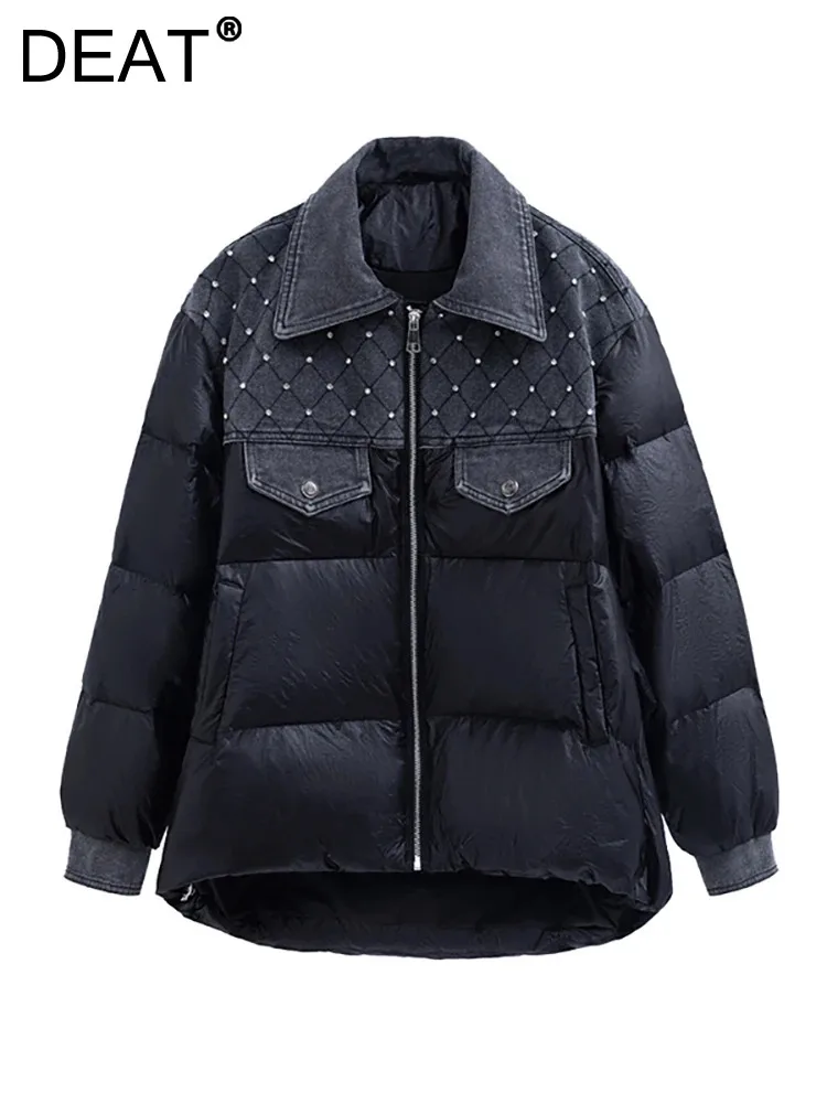 

DEAT Women's Cotton-padded Coat Patchwork Denim Plaid Diamond Zipper Long Sleeve Thicken Jackets 2023 Winter New Fashion 29L5352