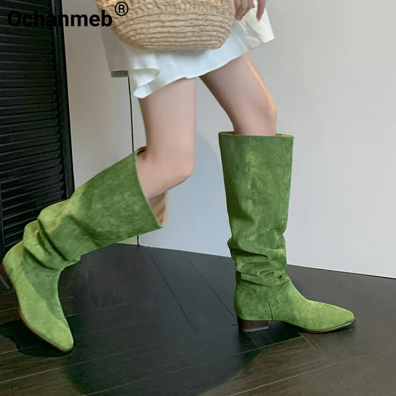 OchanmebWomenFauxSuedePleatedKneehighsBootsGreenNudeLowHeels