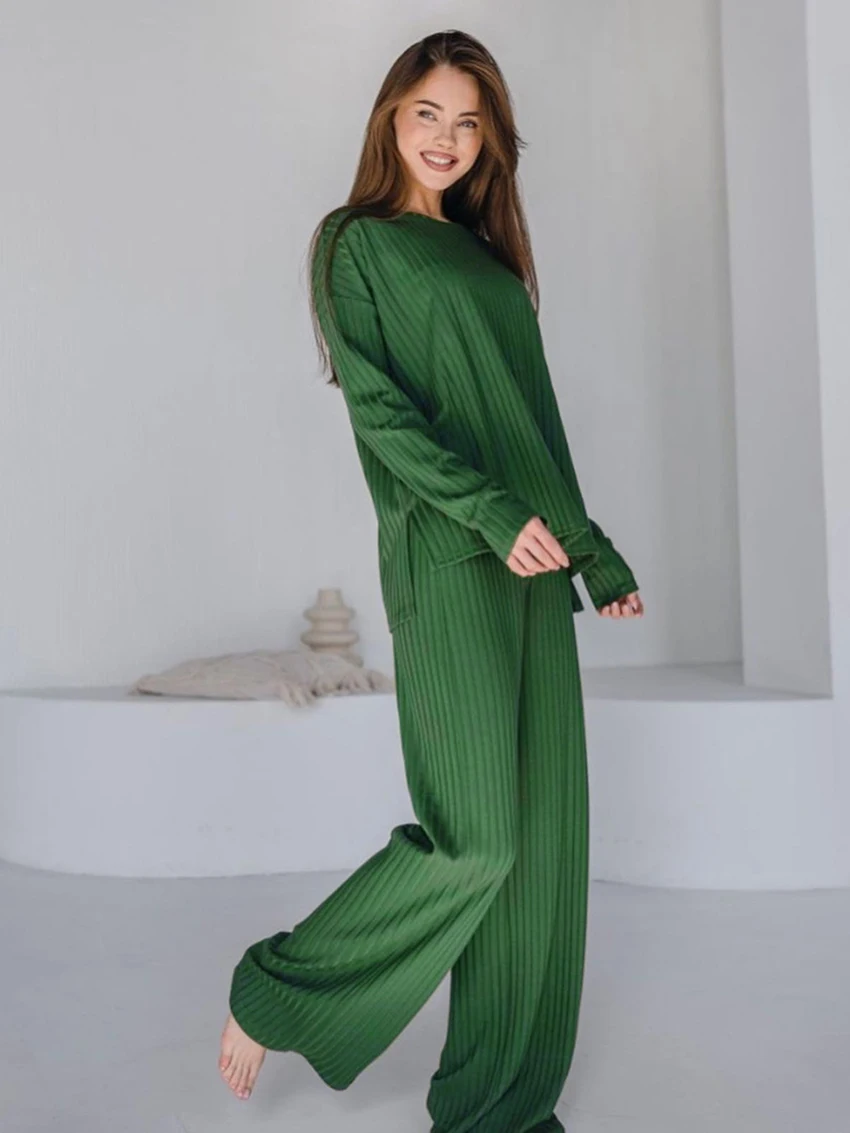 Marthaqiqi Winter Femme Home Clothes Long Sleeve Sleepwear Long Sleeve Nightwear Wide Leg Pants Causal Ladies Nightgowns Suits