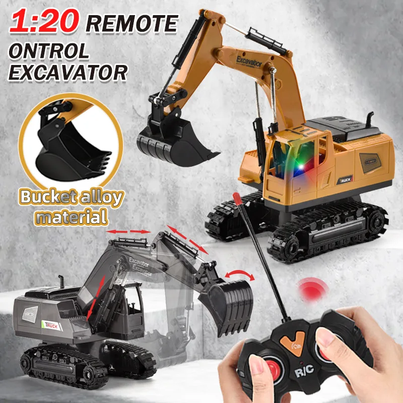 5 Channels 1:20 RC Trucks Remote Control Excavator Alloy Bucket Electric Light Music Crawler Construction Vehicle Toy Boy 2