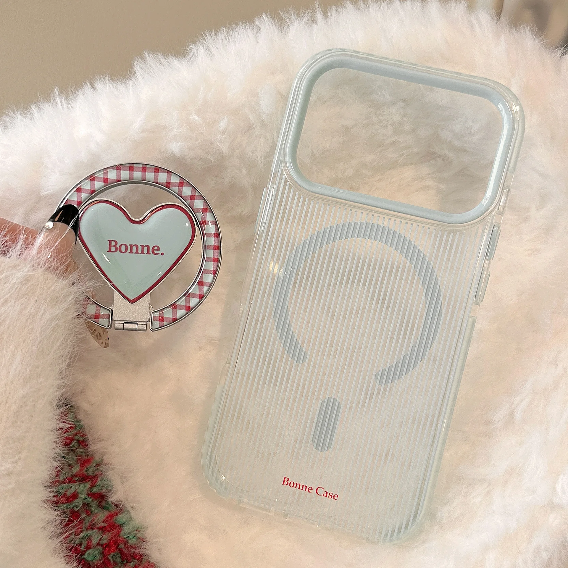 Elegant Striped Plaid Foldable Heart Bracket Magnetic Phone Case, Shockproof Soft Cover