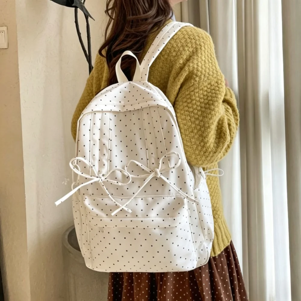 Zaino alla Moda con Pois, Grande Capacità, Design con Fiocco, Minimalista, Resistente, Leggero, Borsa Scolastica per Studenti, Uso Quotidiano