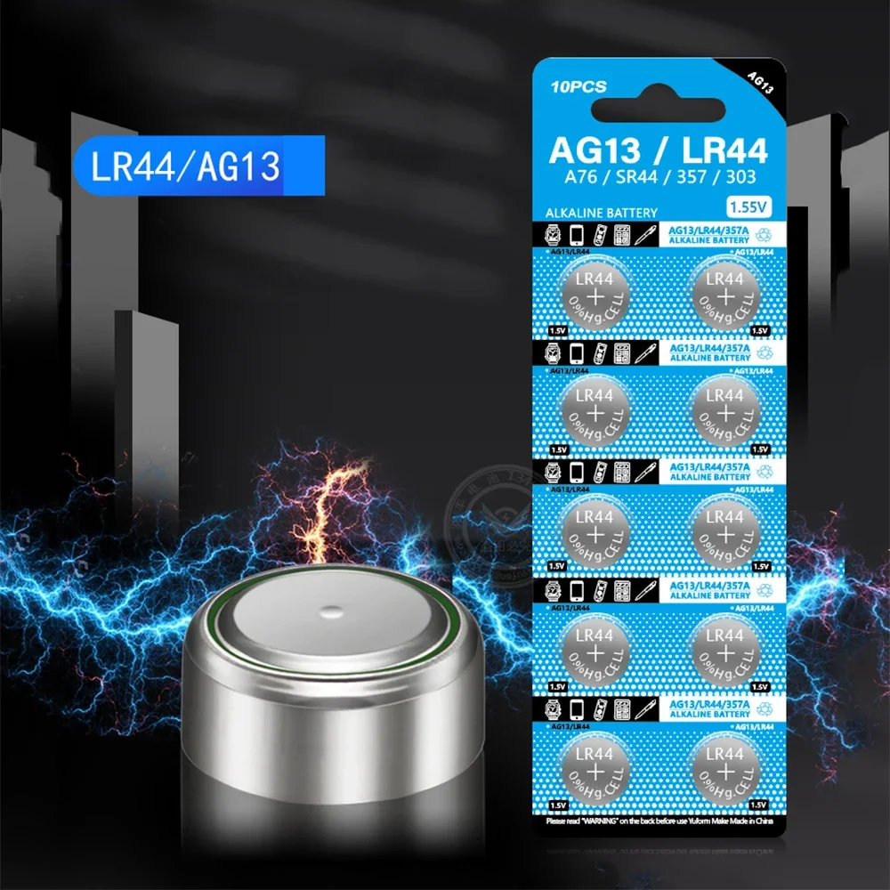 Фото Кнопочные батарейки AG13 LR44, 10 шт., 1,55 в, LR 44 L1154 RW82 SR1154 SP76 pila SR44 A76 LR1154 GP7, батарейка для монет, часов, игрушек, батарейка с дистанционным управлением №2