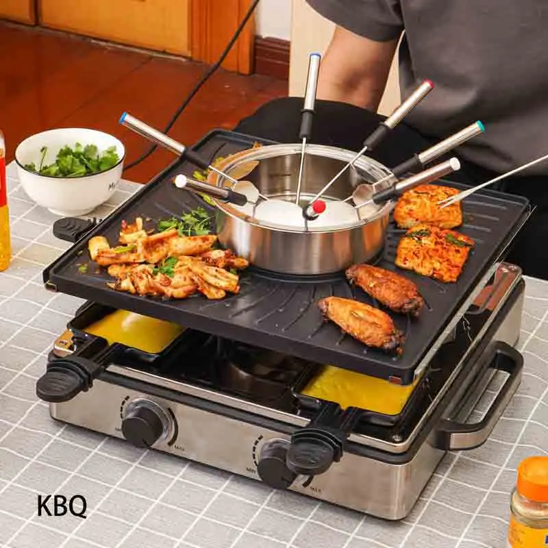 1500W Smokeless BBQ Electric Raclette Grill Fondue Set Aluminum with Chocolate Cheese Hot Pot & Pans For 8 Person, In&Outdoor
