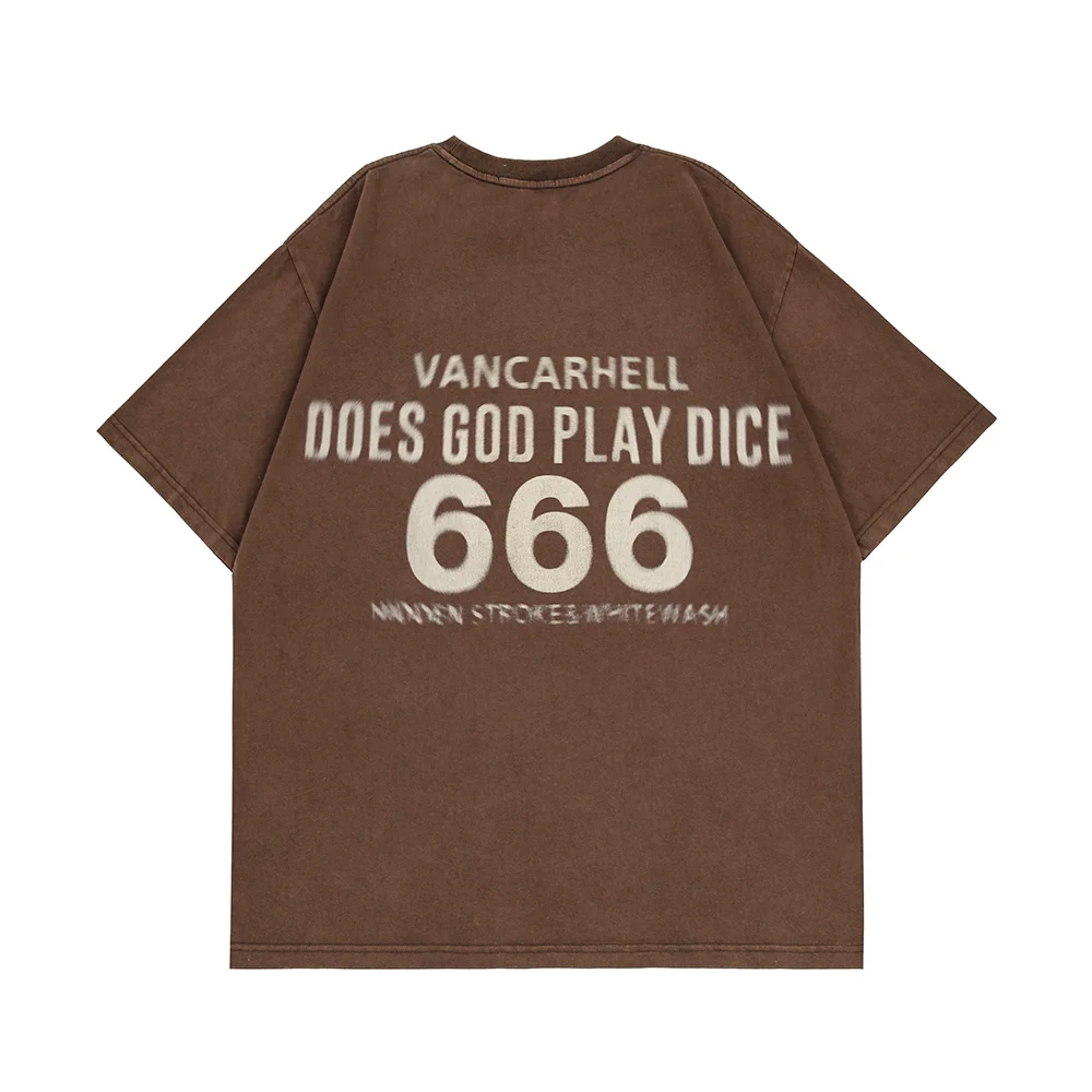【oan】Motor Dice Vintage Washing Short Sleeve T-Shirt Dice Print Short Sleeve T-shirt Mens Summer Washed
