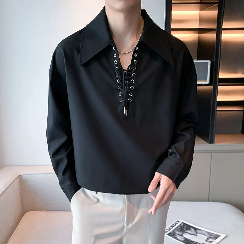 Strap Design V Neck Men Long Sleeve T Shirts Korean Fashion Casual Harajuku Punk Oversized Tops Tee Black White Office Interview