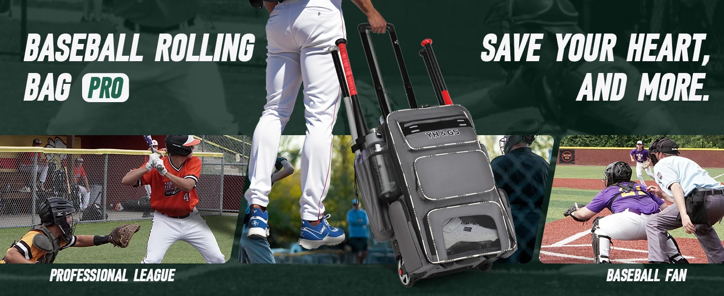Rollbare Baseball-Tasche mit Rädern und Zaun-Haken für T-Ball-Schlägerausrüstung, Leichte Baseball-Schlägertasche mit Schuhfach – Detail 5