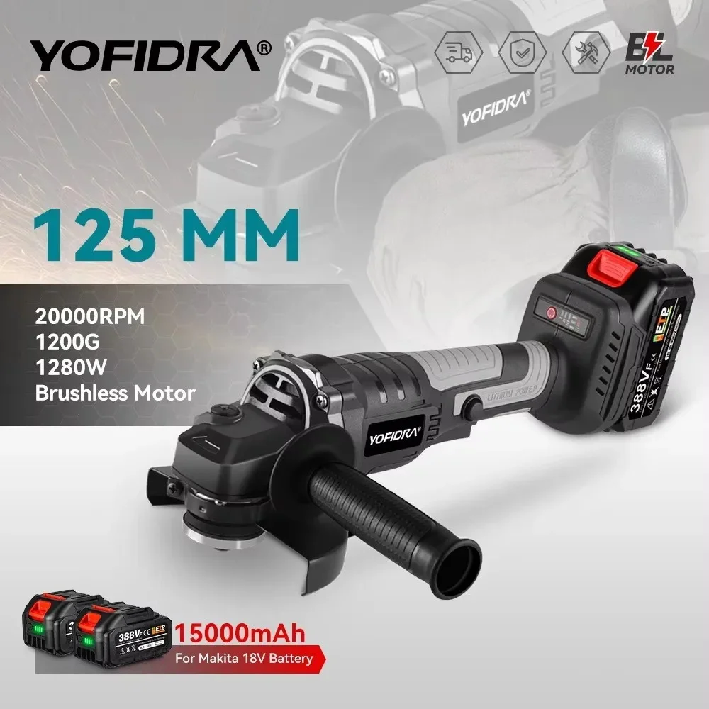 YOFIDRA Esmerilhadeira Brushless 125mm 4 Velocidades Sem Fio Máquina de Retificação Corte Marcenaria Ferramenta Elétrica Compatível com Bateria Makita 18V Pino
