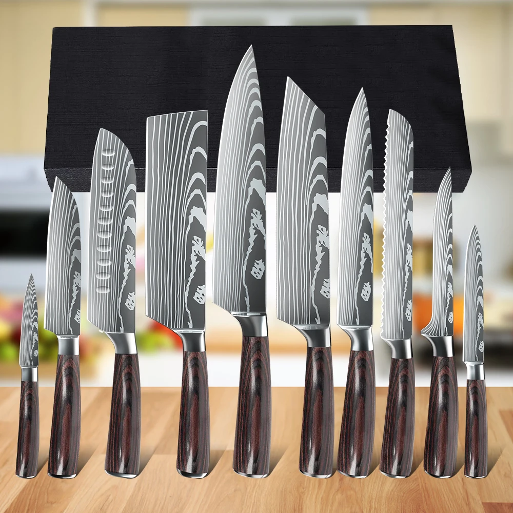 10-teiliges Laser-Damaszener-Muster Küchenmesser-Set 7CR17MOV Edelstahl Farbiger Holzgriff Scharfe Kochmesser Geschenkbox Haushaltsbesteck – Detail 10