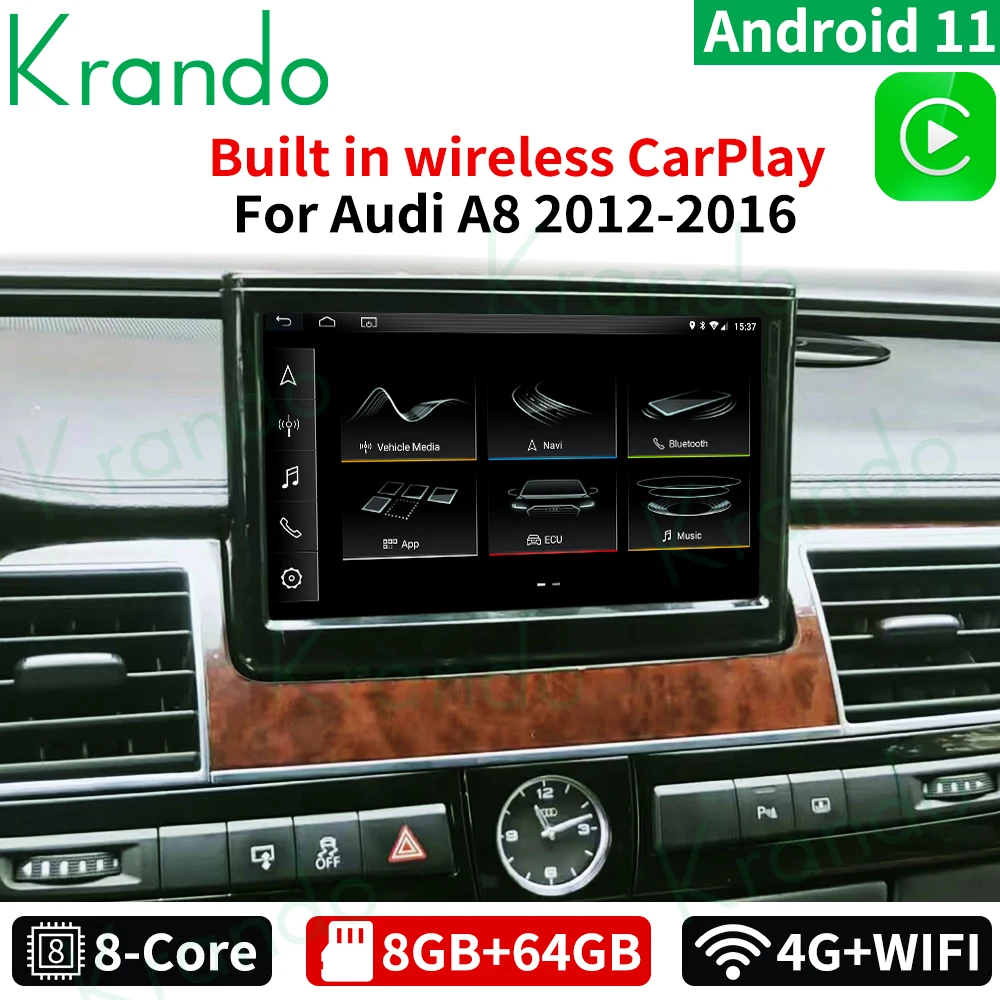 Krando 8'' Android Auto Car Multimedia Player For Audi A8 A8L D4 2012 - 2016 Radio Wireless Carplay Navigation GPS Playstore