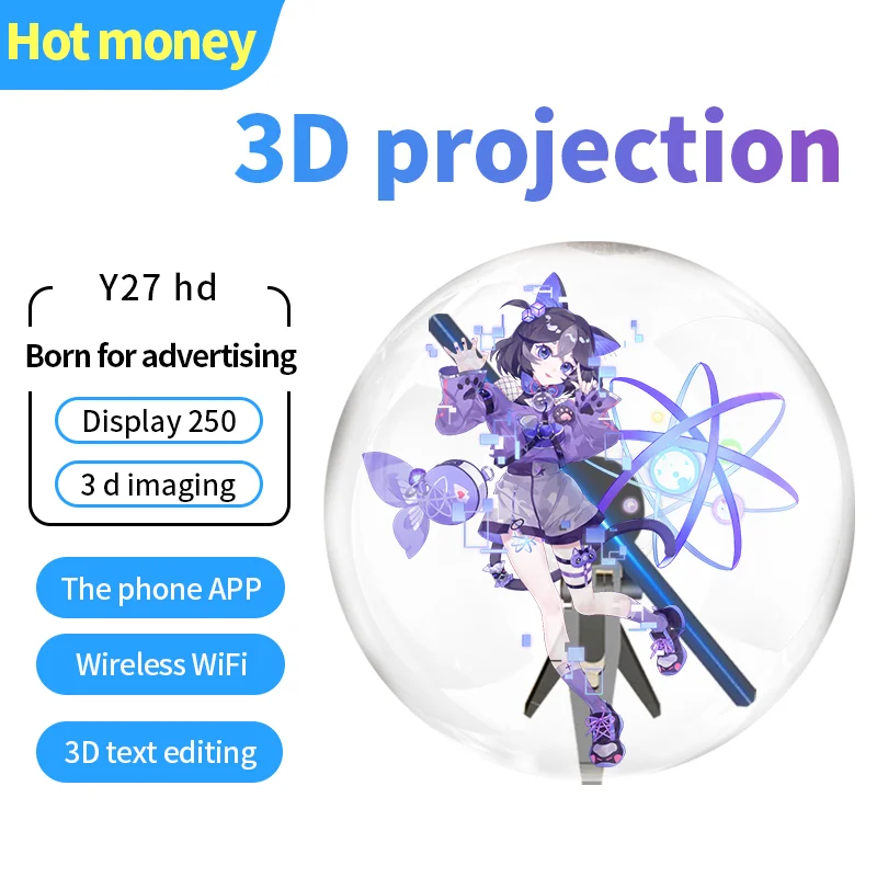 

27CM Desktop vertical 3D Holographic Fan projector mini mobile phone Control Advertisement Display LED Light High Resolution