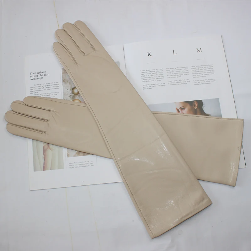 New women's long sheepskin gloves Classic solid color at elbow Versatile windproof warm fleece driving leather gloves