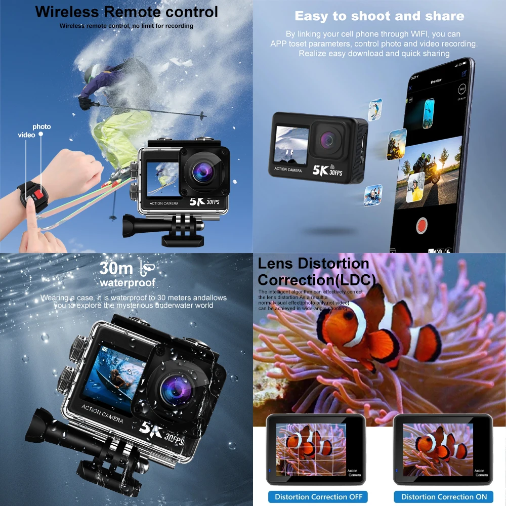 Action Camera 5K 4K60FPS 2.0'' Touch LCD 48MP Anti-Shake DVR WiFi Webcam Dual Screen 170D 30M Waterproof 5X Zoom Sports Camera 4