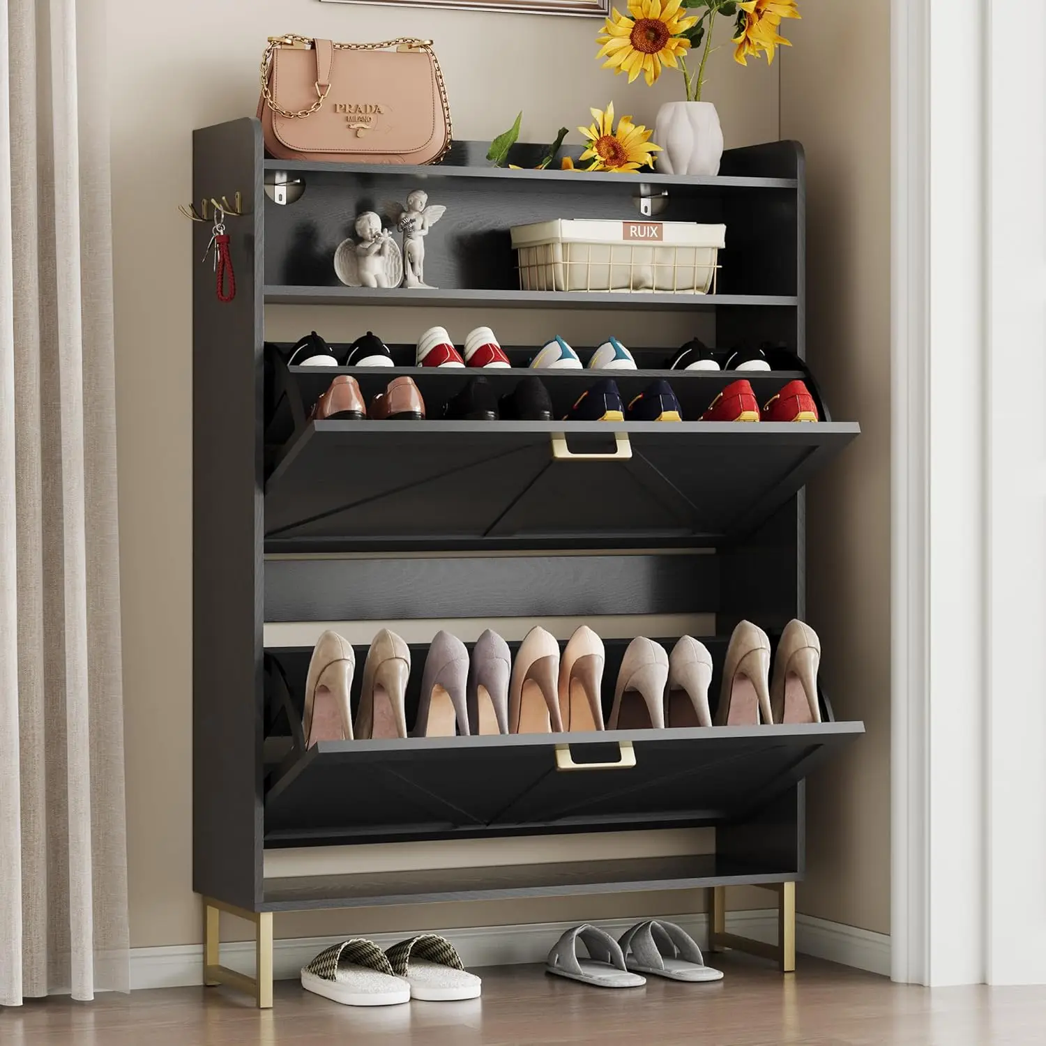 Shoe Cabinet with 2 Flip Drawers Narrow Shoe Storage Cabinet Organizer Wooden Freestanding Rack Hidden Slim Storage