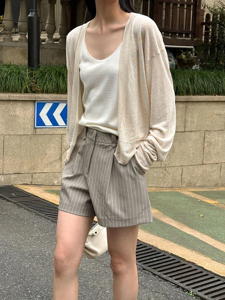 LANMREM 여성용 플리츠 스트라이프 와이드 레그 반바지, 하이웨이스트 빈티지 스트레이트 루즈 여성 의류, 그레이 2024 여름 신상, 26D9118