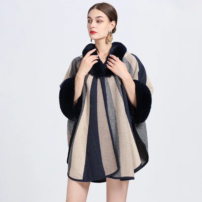 

Autumn Winter New Imitation Otter Rabbit Fur Collar Jacquard Cape Large Knitted Ponchos Women Capes Black Cloak