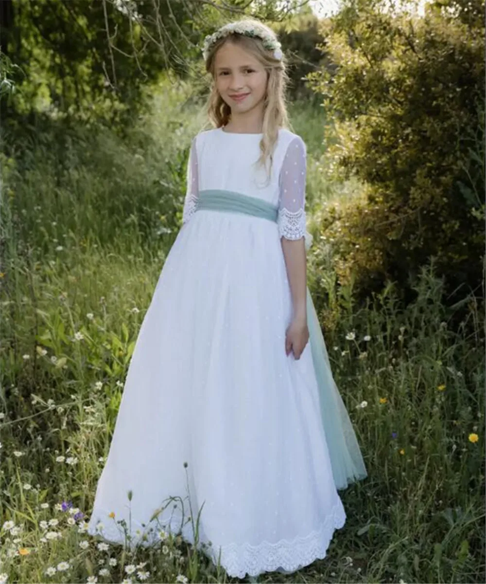 Half Sleeve White Holy First Communion Dress Long Lace Appliques Flower Girl Dress Child Wedding Birthday Princess Prom Vestidos