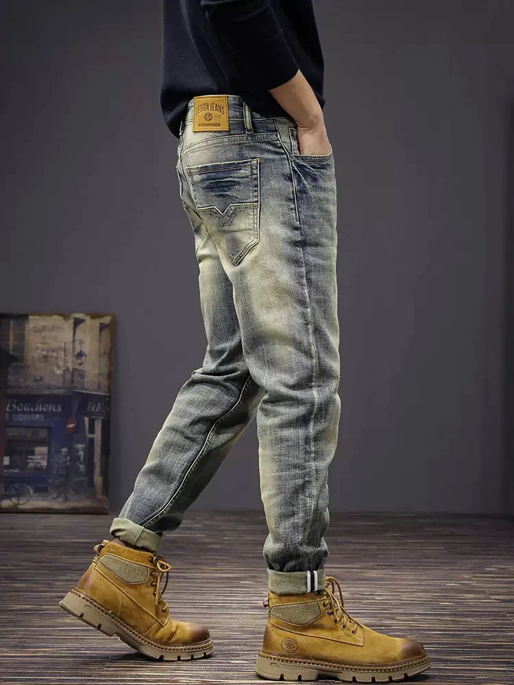 Newly Fashion Designer Men Jeans Retro Blue Elastic Stretch Slim Fit Ripped Jeans Men Trousers Vintage Casual Denim Pants Hombre