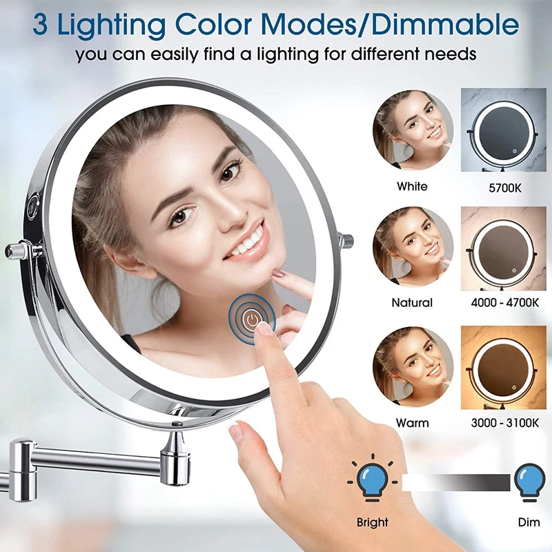 

Wall Mounted Vanity Bathroom Bath Makeup Mirror With LED Swivel Folding Lighted 1X/5X Magnification Cosmetic Mirror