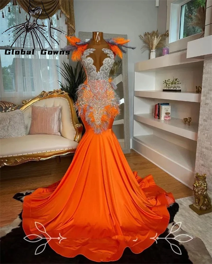 

Orange High Neck Long Prom Dress For Black Girls 2024 Beaded Crystal Rhinestone Birthday Party Dresses Feathers Evening Gown