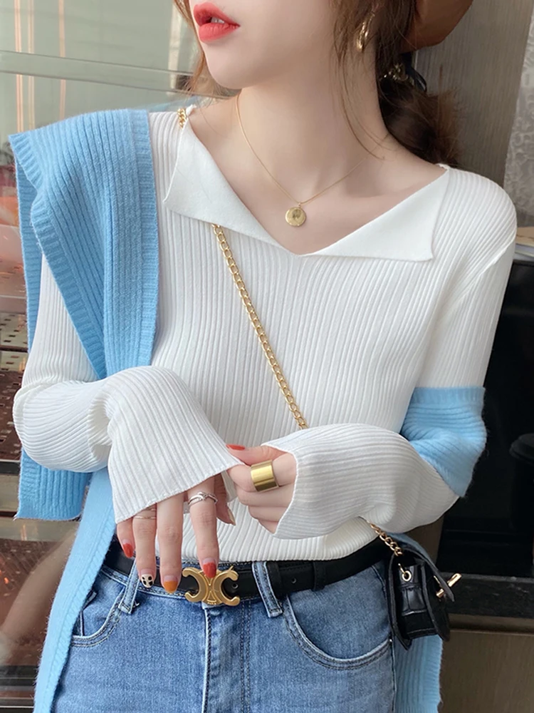 

Women Ribbed Sweater Autumn Winter Knitted Pullovers Sexy Turn Down V-neck Solid Soft Knitwear Jumpers Sweaters Woman Tops 2024