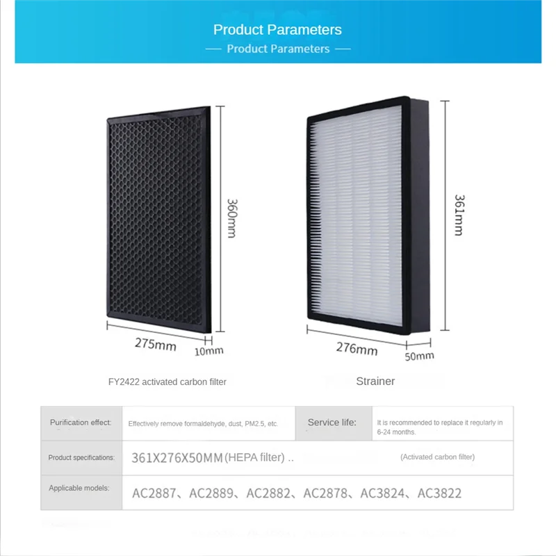 Kit Filtre HEPA + Charbon pour Philips AC2887 AC2889 AC2882 AC3822