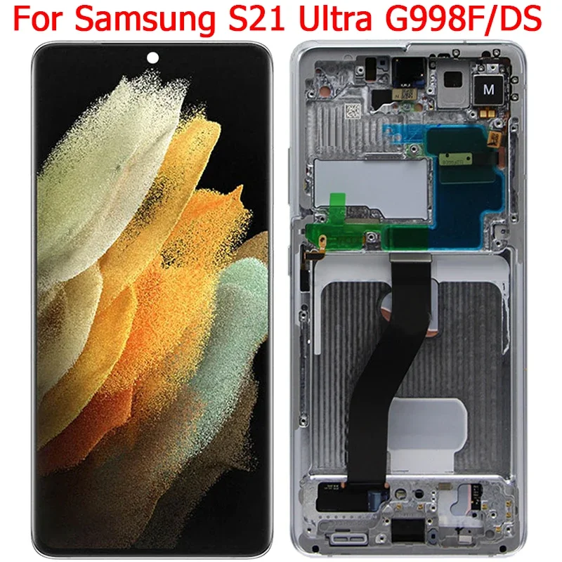 프레임 포함 오리지널 G998B LCD, 삼성 S21 울트라 5G 디스플레이 화면, S21U SM-G998F/DS G998F, 6.8 인치