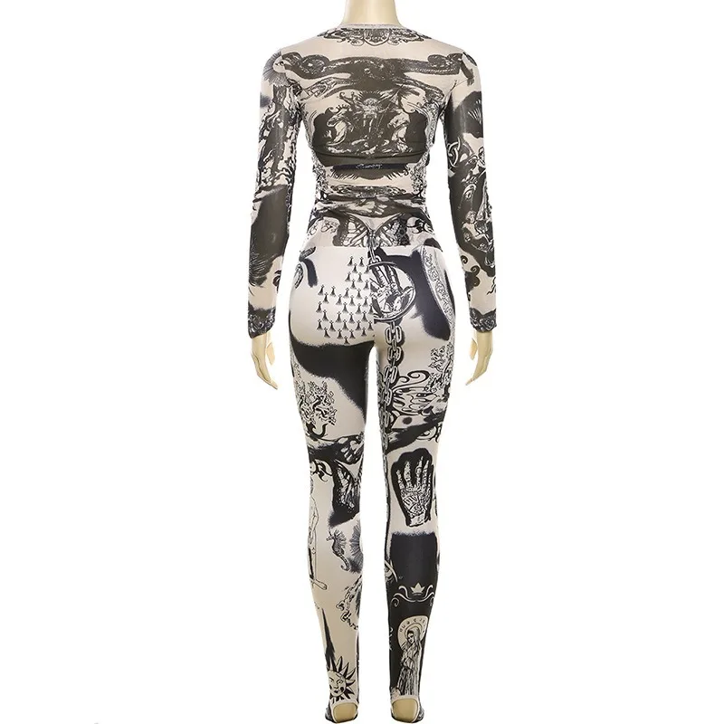 Women Mesh Print Slim Hipster 2 Piece Set Spring Autumn Long Sleeve Skinny T Shirt High Waist Pants Sexy Club Y2k Street Outfits