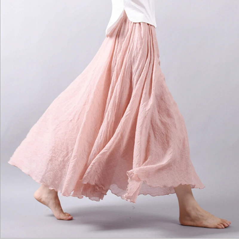 

Women Linen Maxi Skirt Pleated Vintage Boho Maxi Long Casual Cotton Beach Skirt Empire A-Line Linen Skirt Ladies saia feminina