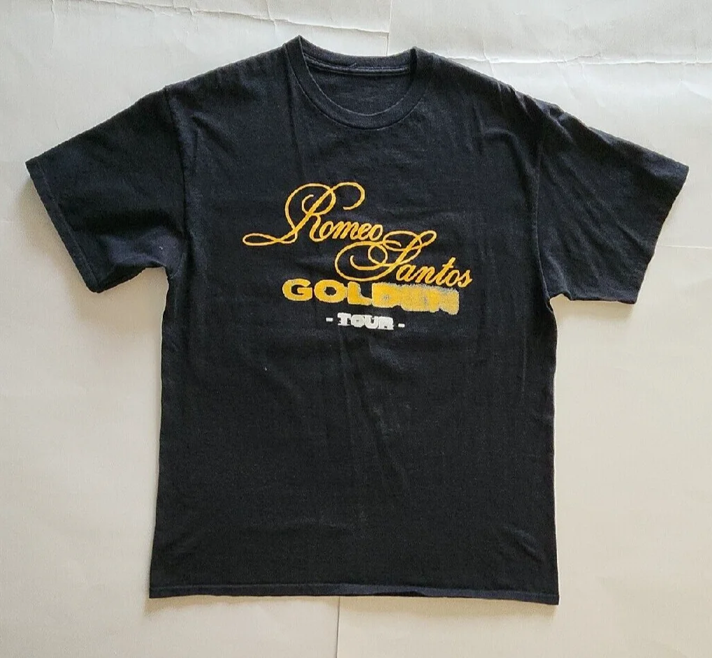 2018 г., футболка с изображением Ромео Сантоса, золотого цвета, для концертов, даты, для взрослых, размер неизвестный, см. Измерение, длинные или Короткие рукава