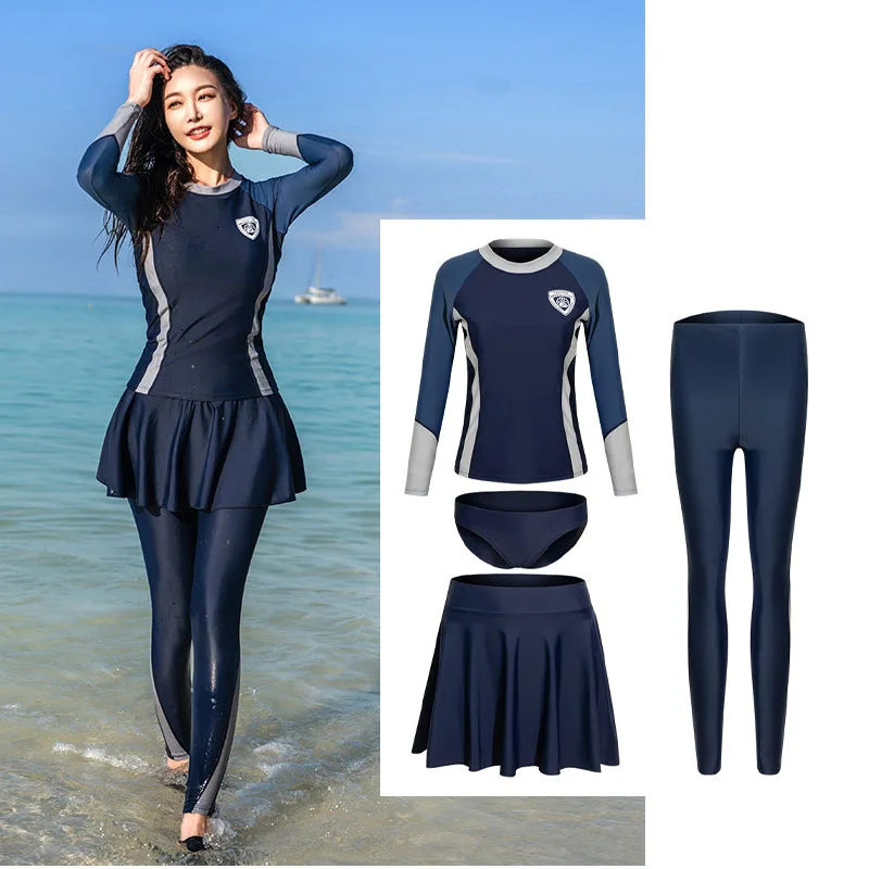 

Women's 4pcs/set Long Sleeve Rash Guards, Quick Dry Swim Shirt+Skirt+Legging Tankini Full Body Water Surf Swimsuit Bathing Suit