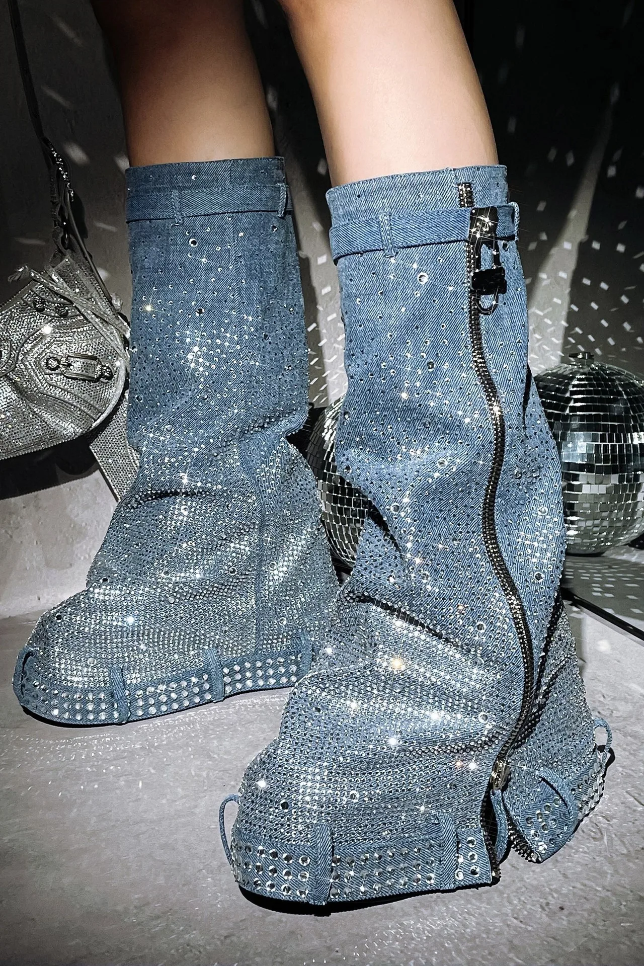 

Fashion Denim Crystal Zip Decoration Double Barreled Mid Calf Boots Round Toe Female Hide Wedge Heel Slip On Boots Shoes