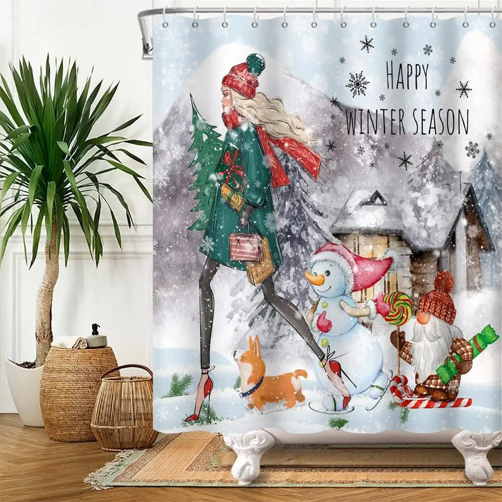 

Рождественская занавеска для душа с мультяшным изображением снеговика Санта-Клауса собаки снежинки снега горной детской ткани занавески для ванной комнаты