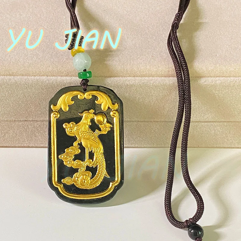 Natural Hetian Moyu Dragon Phoenix Carving Handmade Guanyin Buddha Jade-Pendant Gold-Inlaid Jade Gold Necklace Chain Jewelry