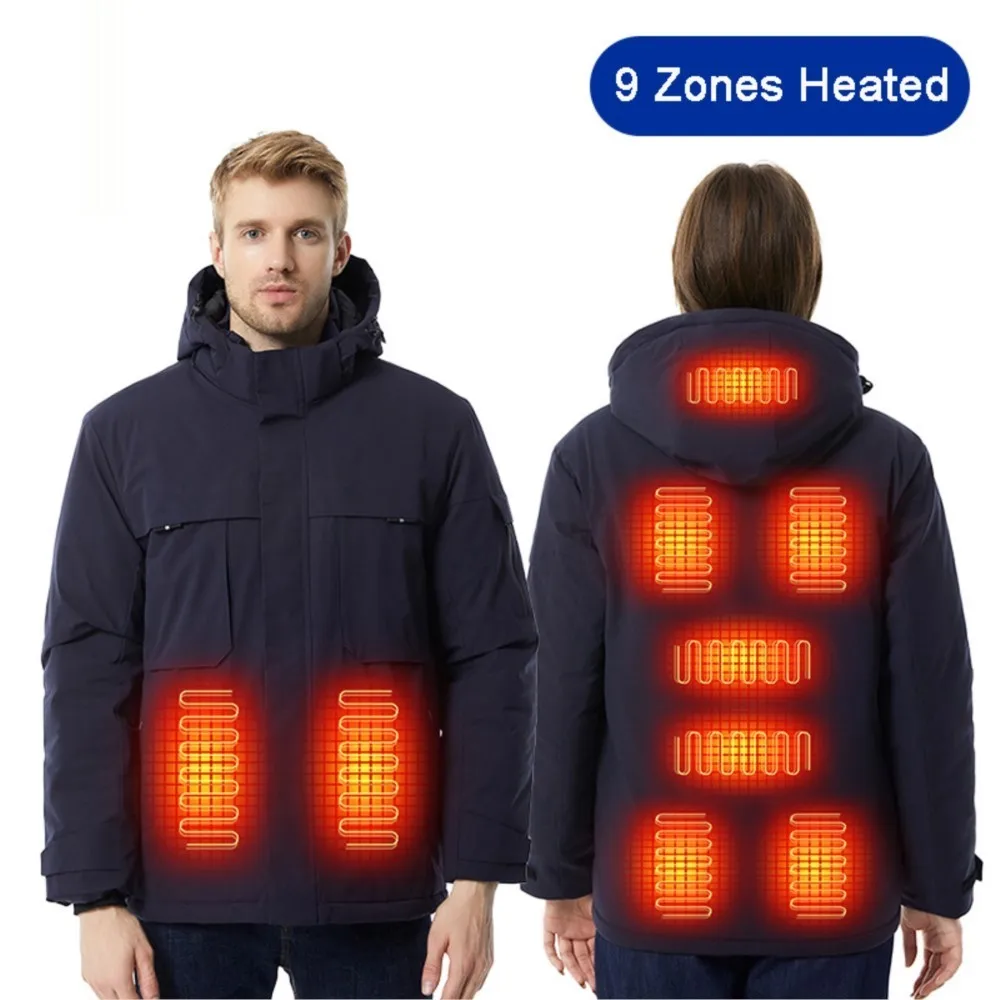 

New Heated Jacket Ski Winter Coat Hooded USB Electrical 9 Area Heated Clothing Washed Waterproof Warm Thermal Jackets Men Women