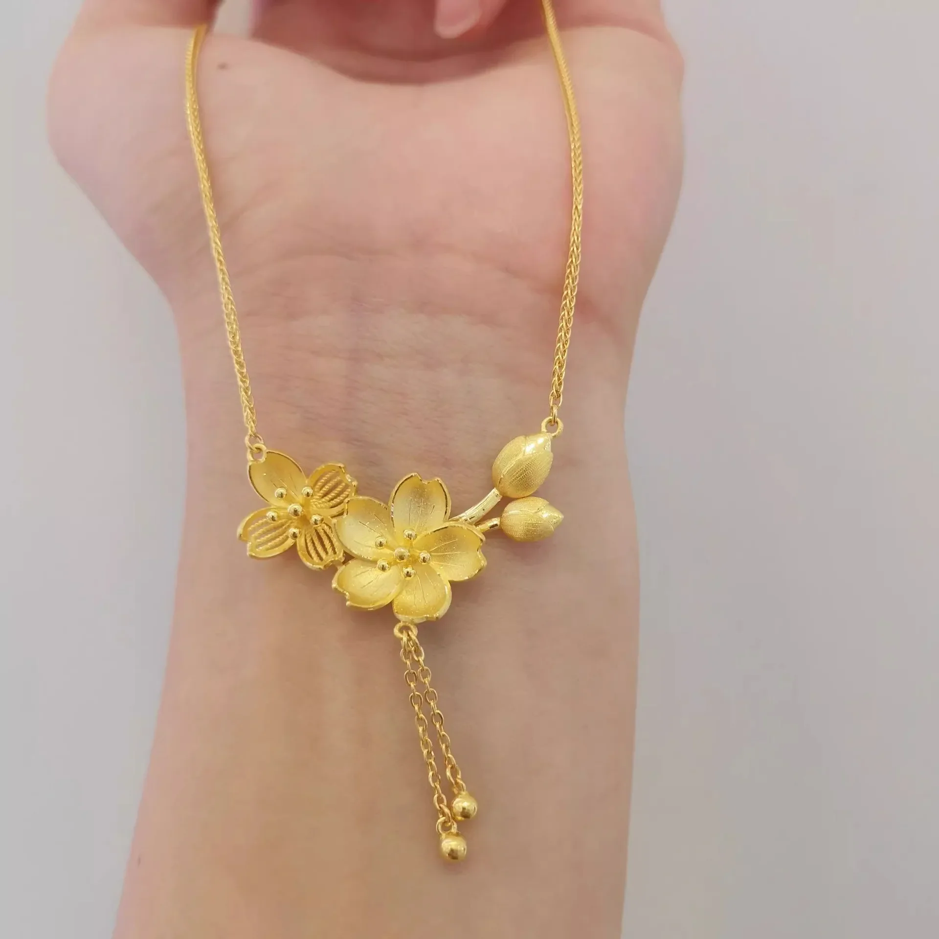 Real 18K Gold Color Twin Flower Necklace Women's AB Set Chain Fashion Tassel One Piece Chain Lock Bone Chain Fine Jewelry Gifts