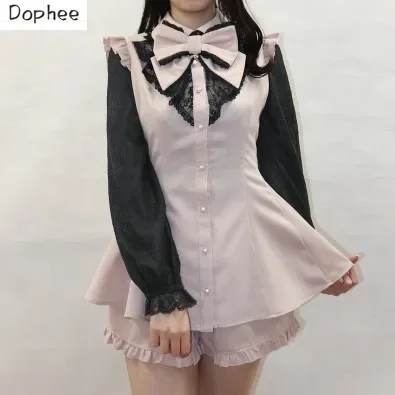

Dophee Japan Styles Sc Two-piece Sets Landmine Series Lace Long Sleeve Bow Shirt Dress + High Waist Shorts Skirts Lolita Suits