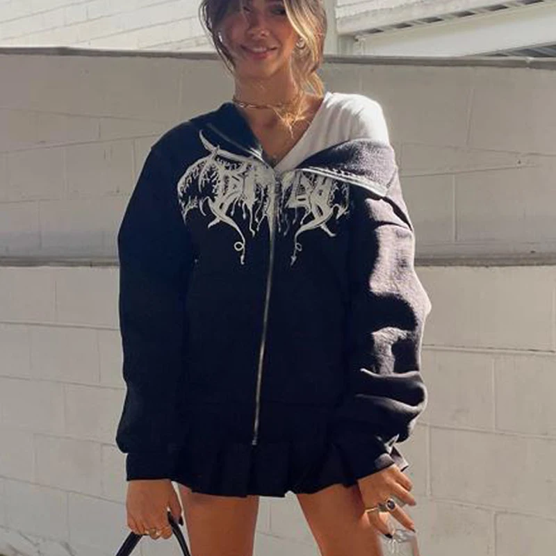 

Harajuku Hoodie Print Jogging Sweatshirt Y2K Clothes Goth Vinatge Full Zip Couple Hoodies American Streetwear Women's Sweatshirt