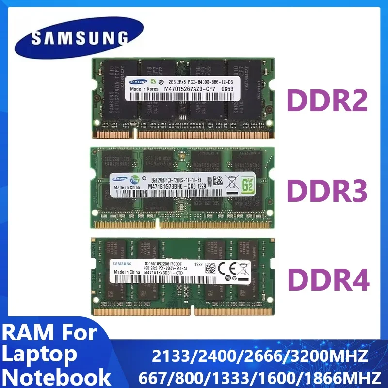 SAMSUNG Memoria per laptop DDR4 DDR3 DDR2 SODIMM Ram 16GB 8GB 4GB 2GB Memoria per notebook 3200 2666 2400 1866 1600 1333 1066 667MHz RAM
